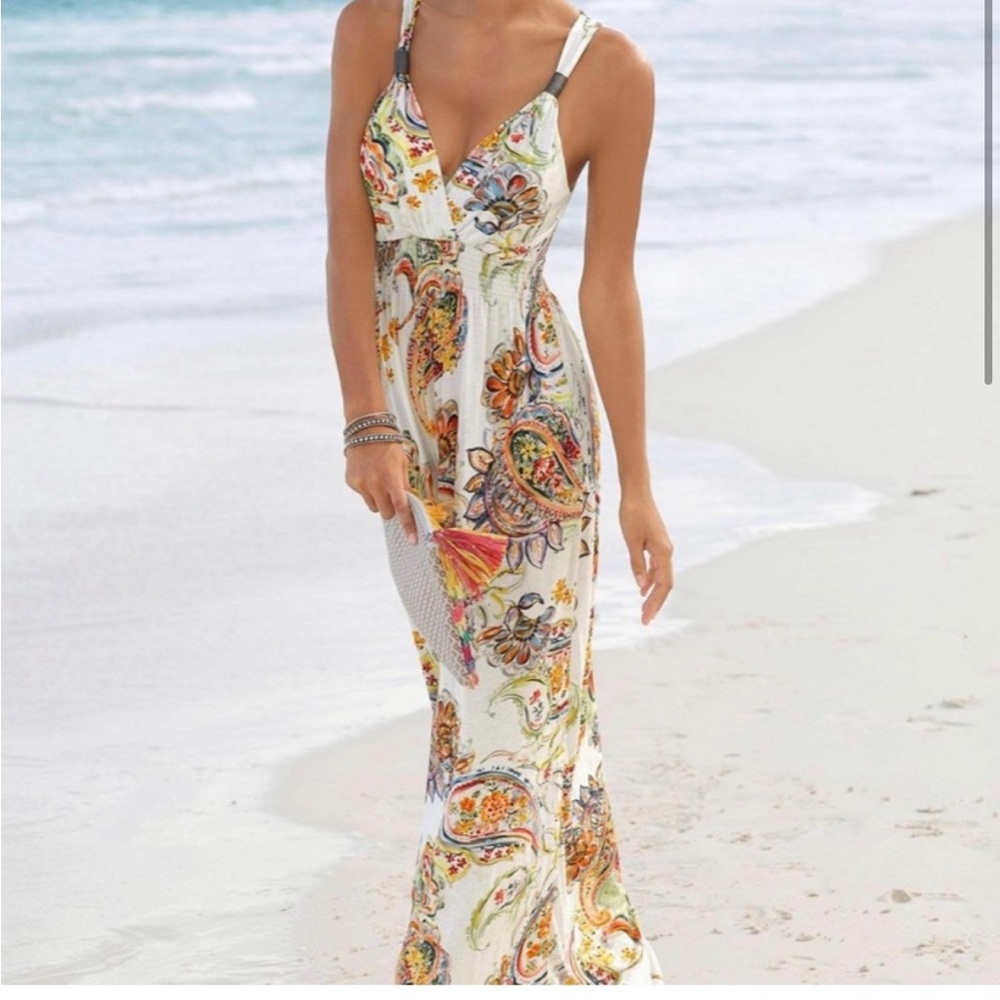 Light summer maxi with paisley print and metal bead detail.